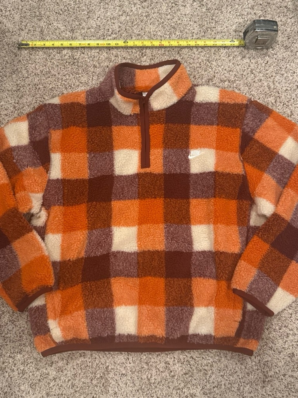 Nike Men’s Orange, Brown & Cream Check Sherpa Quarter-Zip Pullover